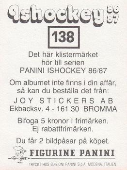 1986-87 Panini Ishockey (Swedish) Stickers #138 Peter Åslin Back