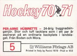 1970-71 Williams Hockey (Swedish) #5 Per-Arne Hubinette Back