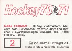 1970-71 Williams Hockey (Swedish) #2 Kjell Hedman Back
