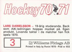 1970-71 Williams Hockey (Swedish) #3 Lars Danielsson Back