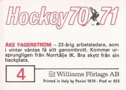 1970-71 Williams Hockey (Swedish) #4 Ake Fagerstrom Back