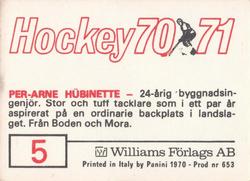 1970-71 Williams Hockey (Swedish) #5 Per-Arne Hubinette Back