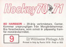 1970-71 Williams Hockey (Swedish) #9 Bo Hansson Back