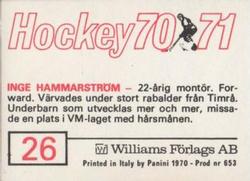 1970-71 Williams Hockey (Swedish) #26 Inge Hammarstrom Back