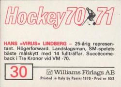 1970-71 Williams Hockey (Swedish) #30 Hans Lindberg Back