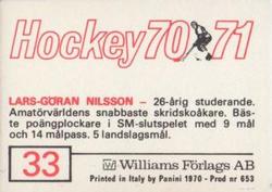 1970-71 Williams Hockey (Swedish) #33 Lars-Goran Nilsson Back