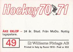 1970-71 Williams Hockey (Swedish) #49 Ake Eklof Back