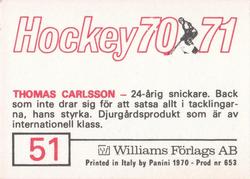 1970-71 Williams Hockey (Swedish) #51 Thomas Carlsson Back