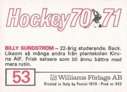 1970-71 Williams Hockey (Swedish) #53 Billy Sundstrom Back