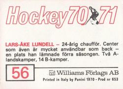1970-71 Williams Hockey (Swedish) #56 Lars-Ake Lundell Back