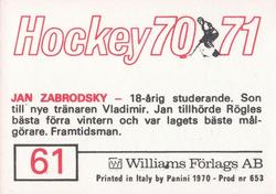 1970-71 Williams Hockey (Swedish) #61 Jan Zabrodsky Back