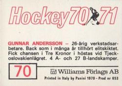1970-71 Williams Hockey (Swedish) #70 Gunnar Andersson Back