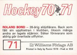 1970-71 Williams Hockey (Swedish) #71 Roland Bond Back