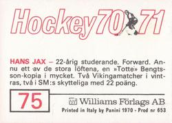 1970-71 Williams Hockey (Swedish) #75 Hans Jax Back