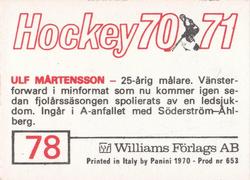 1970-71 Williams Hockey (Swedish) #78 Ulf Martensson Back
