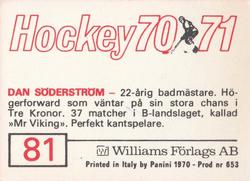 1970-71 Williams Hockey (Swedish) #81 Dan Soderstrom Back