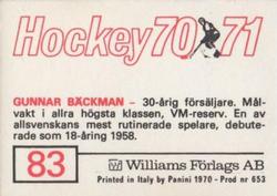 1970-71 Williams Hockey (Swedish) #83 Gunnar Backman Back