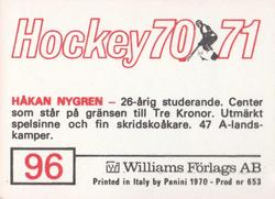1970-71 Williams Hockey (Swedish) #96 Hakan Nygren Back