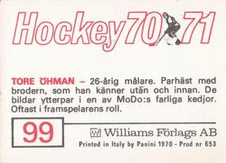 1970-71 Williams Hockey (Swedish) #99 Tore Ohman Back