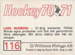 1970-71 Williams Hockey (Swedish) #116 Lars Mjoberg Back