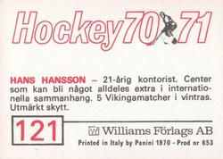 1970-71 Williams Hockey (Swedish) #121 Hans Hansson Back