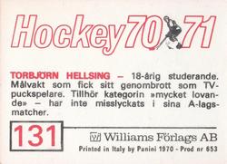 1970-71 Williams Hockey (Swedish) #131 Torbjorn Hellsing Back