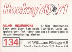 1970-71 Williams Hockey (Swedish) #134 Allan Helenefors Back