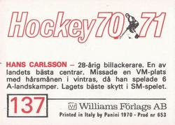 1970-71 Williams Hockey (Swedish) #137 Hans Carlsson Back