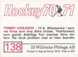 1970-71 Williams Hockey (Swedish) #138 Tommy Carlsson Back