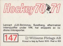 1970-71 Williams Hockey (Swedish) #147 Lennart Svedberg Back