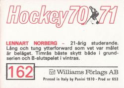 1970-71 Williams Hockey (Swedish) #162 Lennart Norberg Back