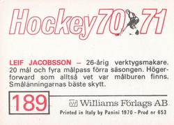 1970-71 Williams Hockey (Swedish) #189 Leif Jacobsson Back