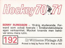 1970-71 Williams Hockey (Swedish) #192 Benny Runesson Back