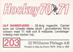 1970-71 Williams Hockey (Swedish) #203 Ulf Barrefjord Back