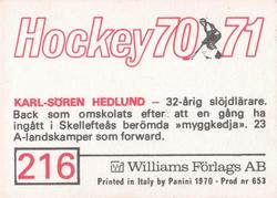 1970-71 Williams Hockey (Swedish) #216 Karl-Soren Hedlund Back