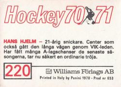1970-71 Williams Hockey (Swedish) #220 Hans Hjelm Back