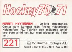 1970-71 Williams Hockey (Swedish) #221 Pentti Hyytiainen Back