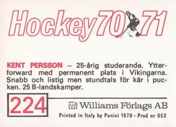 1970-71 Williams Hockey (Swedish) #224 Kent Persson Back