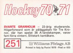 1970-71 Williams Hockey (Swedish) #251 Svante Granholm Back