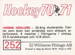 1970-71 Williams Hockey (Swedish) #252 Henrik Hedlund Back