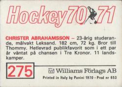 1970-71 Williams Hockey (Swedish) #275 Christer Abrahamsson Back