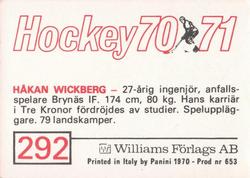 1970-71 Williams Hockey (Swedish) #292 Hakan Wickberg Back