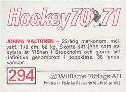 1970-71 Williams Hockey (Swedish) #294 Jorma Valtonen Back
