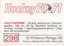 1970-71 Williams Hockey (Swedish) #298 Lalli Partinen Back