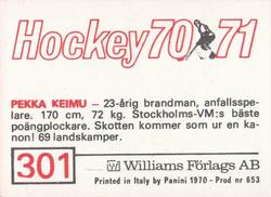 1970-71 Williams Hockey (Swedish) #301 Pekka Leimu Back