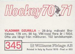 1970-71 Williams Hockey (Swedish) #345 Vladimir Dzurilla Back