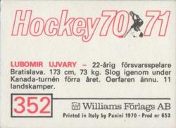 1970-71 Williams Hockey (Swedish) #352 Lubomir Ujvary Back