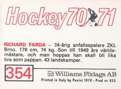 1970-71 Williams Hockey (Swedish) #354 Richard Farda Back