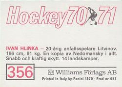 1970-71 Williams Hockey (Swedish) #356 Ivan Hlinka Back