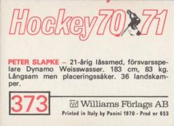 1970-71 Williams Hockey (Swedish) #373 Peter Slapke Back